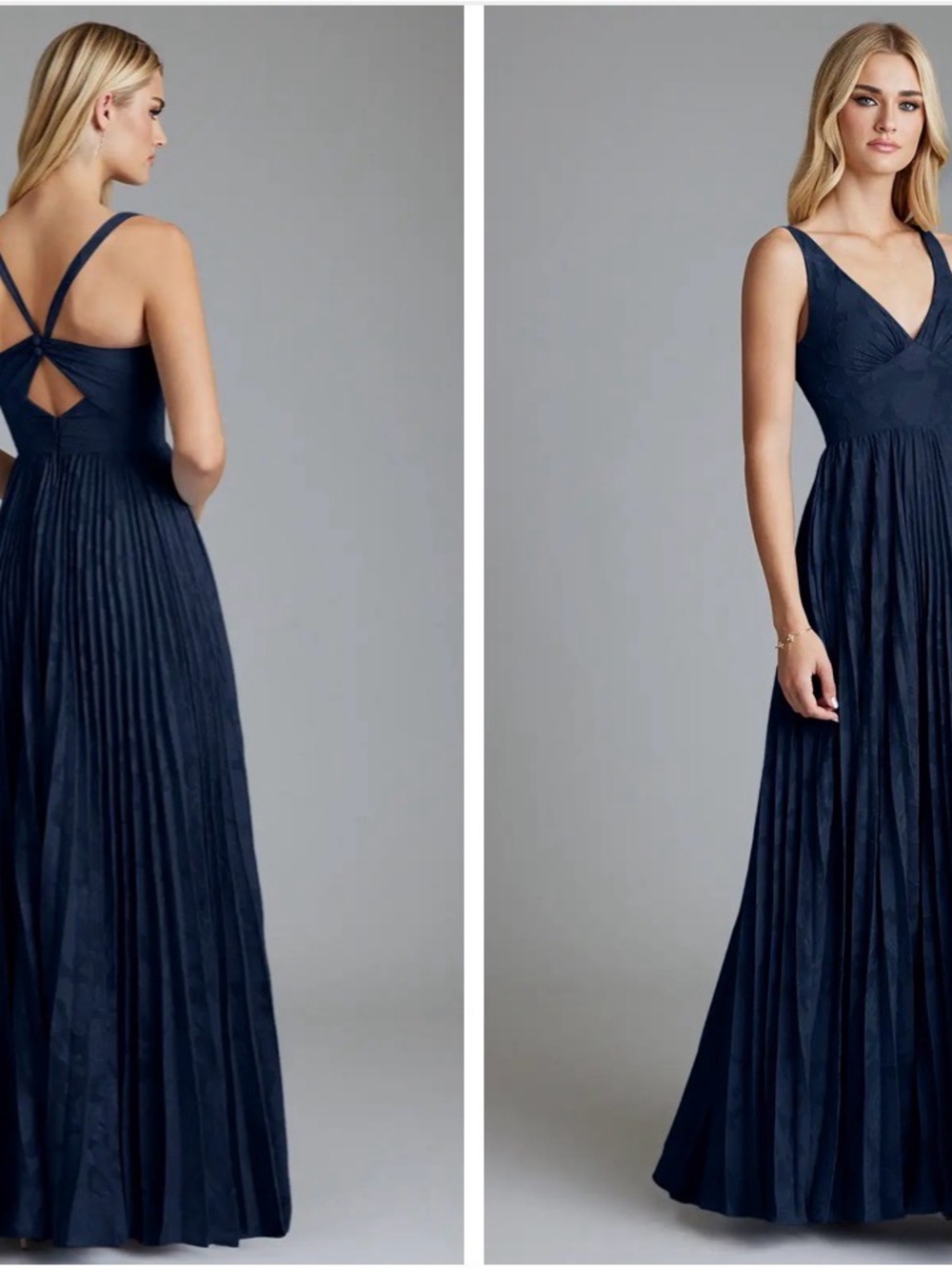 Dark Navy A-Line Pleated Floral Burnout Dress (Azazie Mirella) - Picture 3 of 5